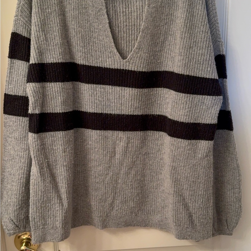 Gray V-Neck Sweater with Black Stripes